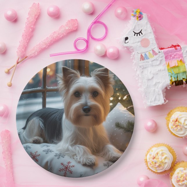 Plato De Papel Biewer Terrier With Christmas Lights Holiday (Fiesta)