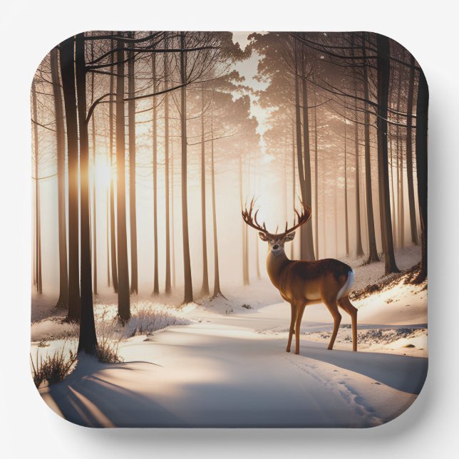 Plato De Papel Big Buck En El Bosque De Invierno (Anverso)