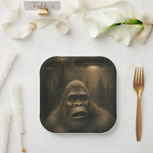 Plato De Papel Bigfoot Sasquatch Alien UFO Funny (Boda)
