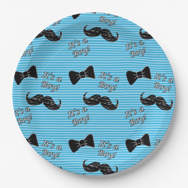 Plato De Papel Bigote y placas de papel azules de Bowtie Baby (Anverso)