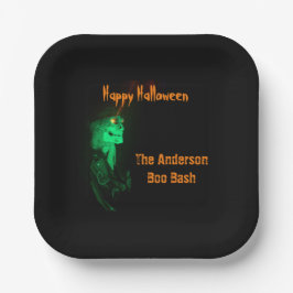 Plato De Papel Biker Billy Halloween Skeleton Negro y Naranja