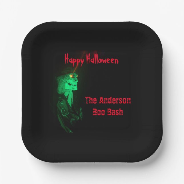 Plato De Papel Biker Billy Halloween Skeleton Negro y Rojo (Anverso)