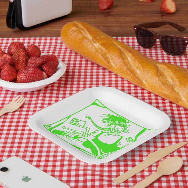 Plato De Papel Biker Chick placas de papel cuadrado verde (Picnic)