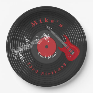 Plato De Papel Birday Retro Vinyl Record Rock Rock Guitarra Roja