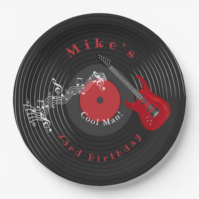 Plato De Papel Birday Retro Vinyl Record Rock Rock Guitarra Roja (Anverso)