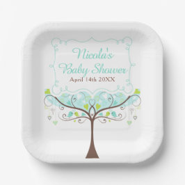 Plato De Papel Birds Hearts Tree Blue and Green Baby Shower