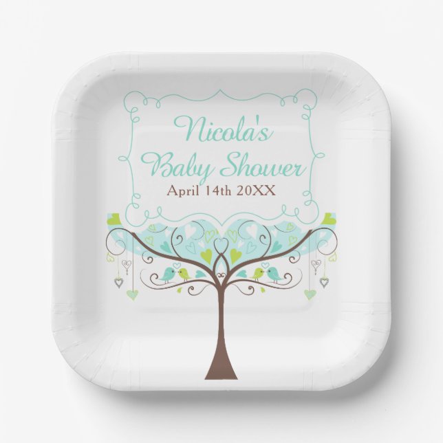 Plato De Papel Birds Hearts Tree Blue and Green Baby Shower (Anverso)