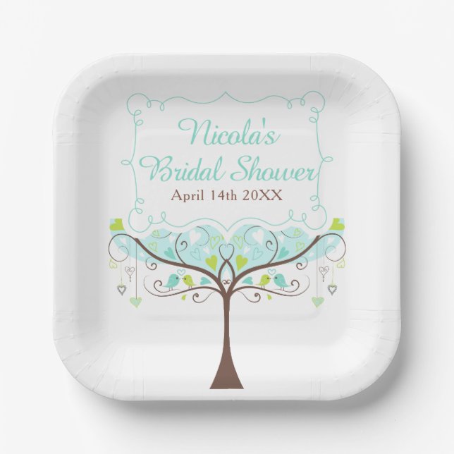 Plato De Papel Birds Hearts Tree Blue and Green Bridal Shower (Anverso)