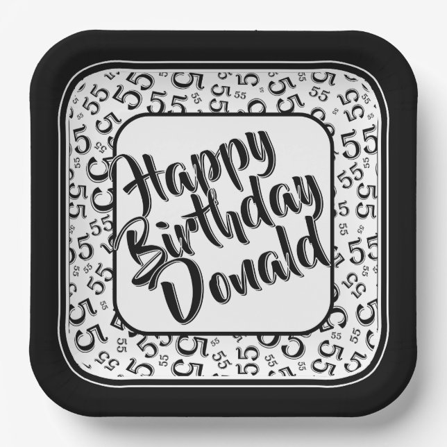 Plato De Papel Birthday Age 55 Random Number Pattern Black/White (Anverso)