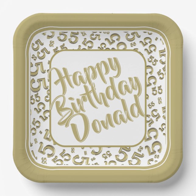 Plato De Papel Birthday Age 55 Random Number Pattern Gold/White (Anverso)
