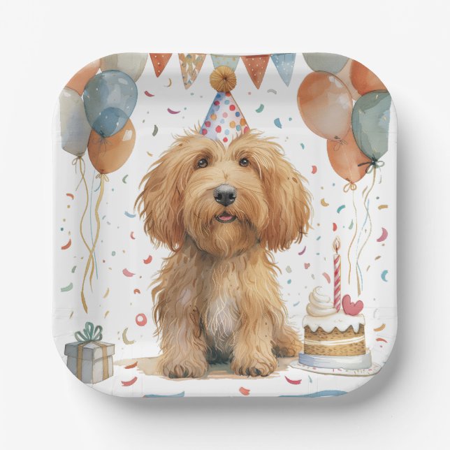 Plato De Papel Birthday Goldendoodle Dog (Anverso)