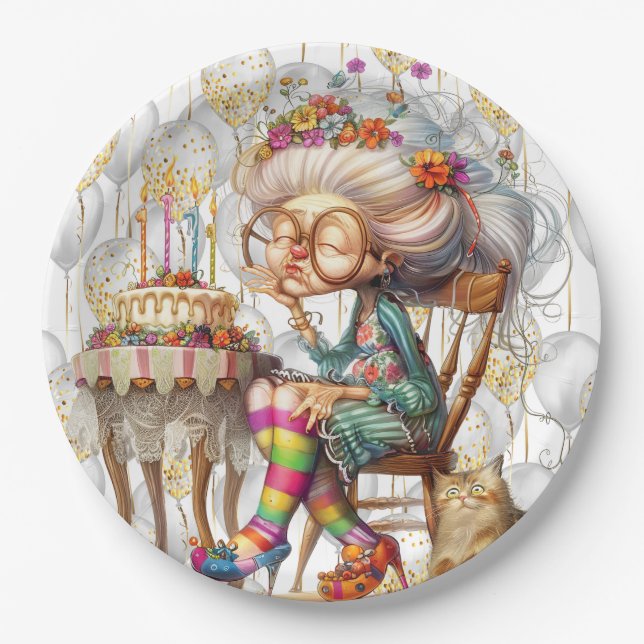 Plato De Papel Birthday Granny With Party Balloons (Anverso)