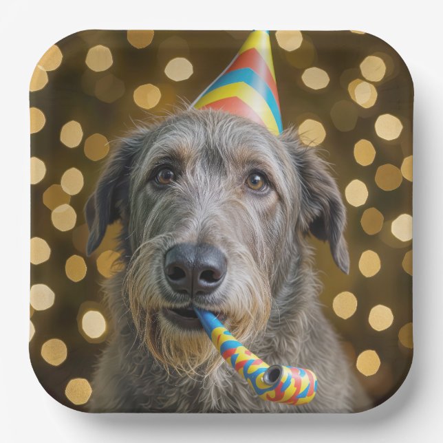 Plato De Papel Birthday Irish Wolfhound Dog With Party Hat (Anverso)