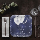 Plato De Papel Birthday navy blue silver glitter white balloons<br><div class="desc">For a girly and glamorous 21st (or any age) birthday party.  A navy blue background with elegant faux silver sparkles and white balloons. The blue color is uneven.  Personalize and add a name and age 21.  White letters.</div>