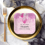 Plato De Papel Birthday party pink glitter balloons girl<br><div class="desc">A blush pink background. Decorated with pink faux glitter drips,  paint dripping look, glitter dust and balloons.  Personalize and add a date,  name and age.</div>