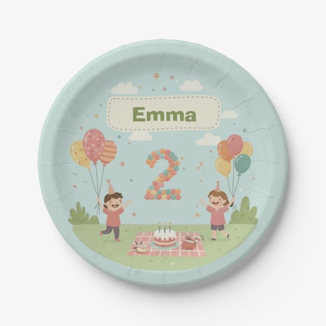 Plato De Papel Birthday Picnic, Cute Retro Style, Age 2 (Anverso)