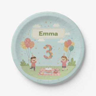 Plato De Papel Birthday Picnic, Cute Retro Style, Age 3