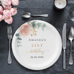 Plato De Papel Birthday rose gold florals eucalyptus name<br><div class="desc">For an elegant 21st (or any age) birthday party.  A chic white background. Decorated with rose gold and blush pink florals,  flowers (roses)and green watercolored eucalyptus leaves,  sprigs,  greenery and faux gold sprigs. Personalize and add a name,  age and a date. Black and golden letters.</div>
