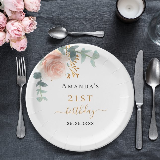 Plato De Papel Birthday rose gold florals eucalyptus name  (Subido por el creador)