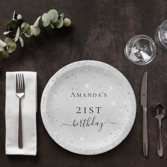 Plato De Papel Birthday silver glitter sparkles name elegant (Subido por el creador)