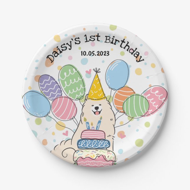 Plato De Papel Biscuit Samoyed Dog Birthday Party Placas de papel (Anverso)