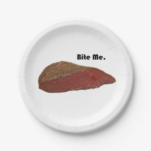 Plato De Papel Bite Me Funny Steak Beef Pun Chiste