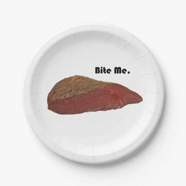 Plato De Papel Bite Me Funny Steak Beef Pun Chiste (Anverso)
