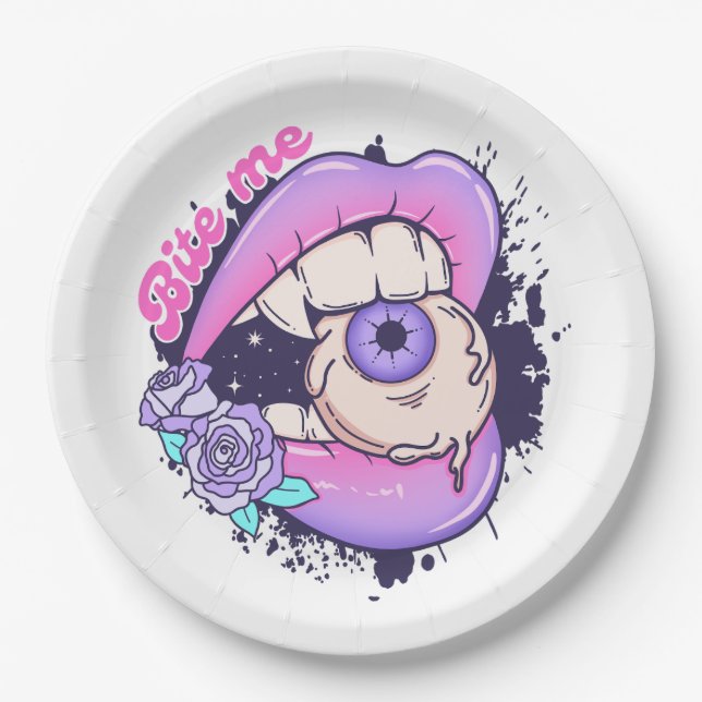 Plato De Papel Bite Me Pink Halloween Litros (Anverso)