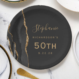 Plato De Papel Black Agate Marble Gold Dark 50 cumpleaños