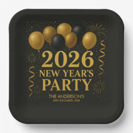 Plato De Papel Black And Gold 2026 New Year Party