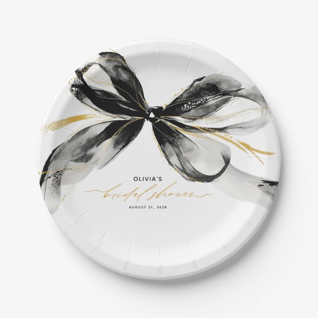 Plato De Papel Black and Gold Bow Sophisticated Bridal Shower (Anverso)
