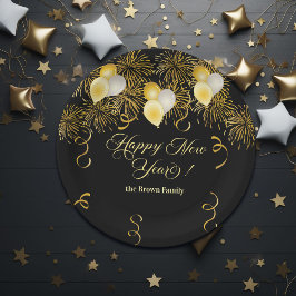Plato De Papel Black and Gold Glitter New Year's Eve Party
