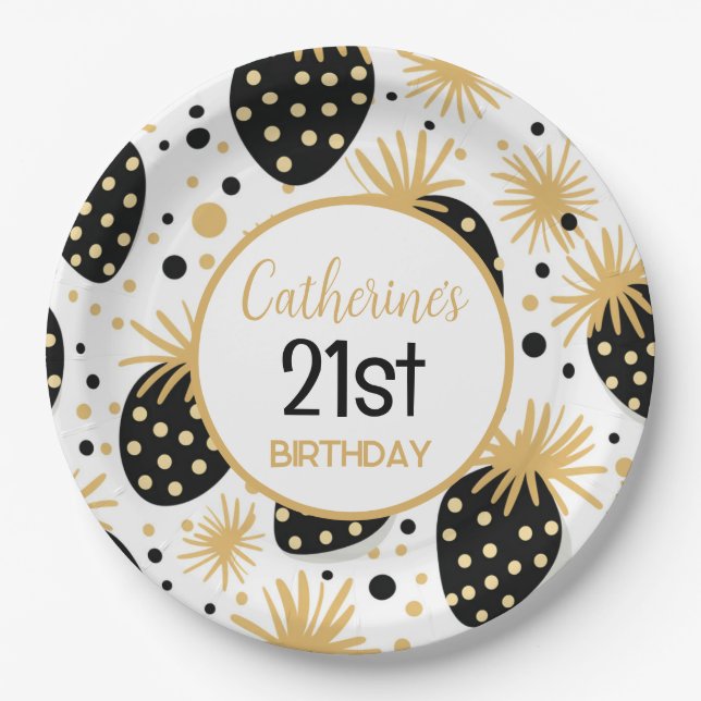 Plato De Papel Black and Gold Strawberry Pattern (Anverso)