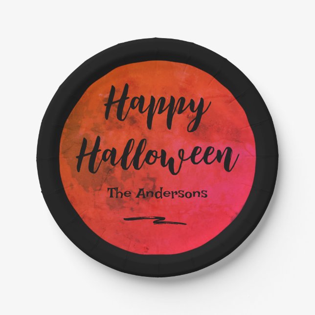 Plato De Papel Black and Naranja Spooky Full Moon Happy Halloween (Anverso)