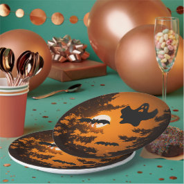 Plato De Papel Black and Naranja Spooky Halloween Night Scene