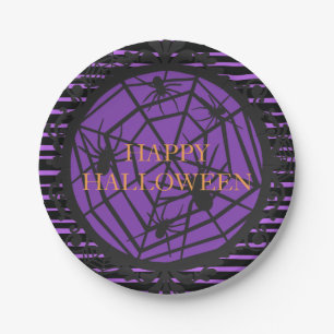 Plato De Papel Black and Purple Happy Halloween Spooky Spiderweb