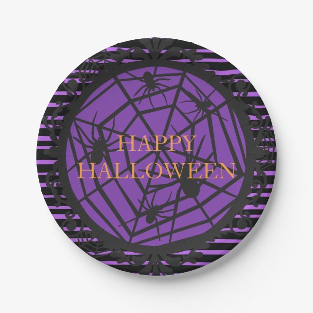 Plato De Papel Black and Purple Happy Halloween Spooky Spiderweb (Anverso)