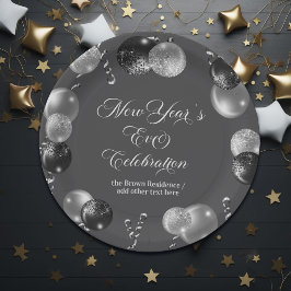 Plato De Papel Black and Silver Glitter New Year's Eve Party