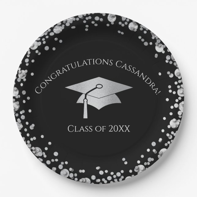 Plato De Papel Black and Silver Graduation (Anverso)