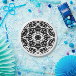 Plato De Papel Black and white floral mandala round