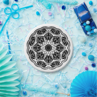 Plato De Papel Black and white floral mandala round