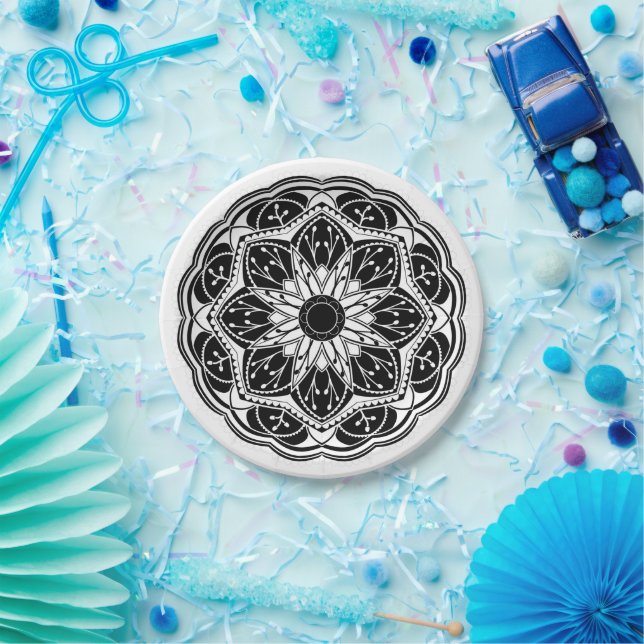 Plato De Papel Black and white floral mandala round (Fiesta)