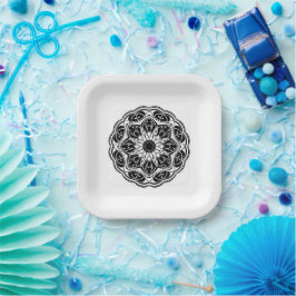 Plato De Papel Black and white floral mandala square