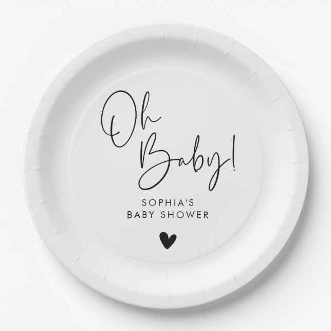 Plato De Papel Black and White Oh Baby Modern Boho Baby Shower (Anverso)