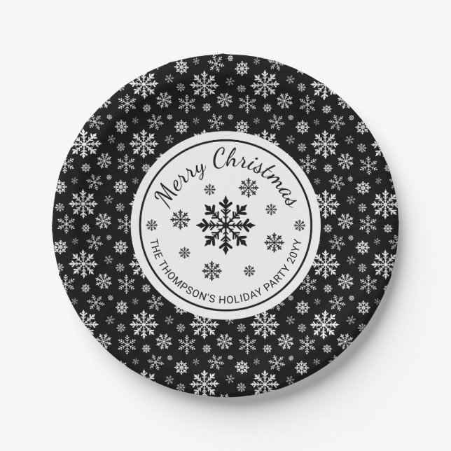 Plato De Papel Black And White Snowflakes Modern Christmas Party (Anverso)