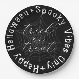 Plato De Papel Black and White Spider Web Moderno Halloween Feliz
