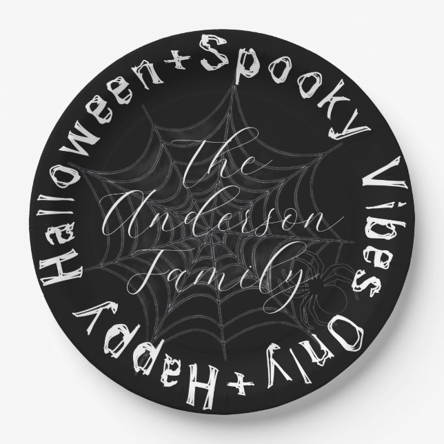 Plato De Papel Black and White Spider Web Moderno Halloween Feliz (Anverso)