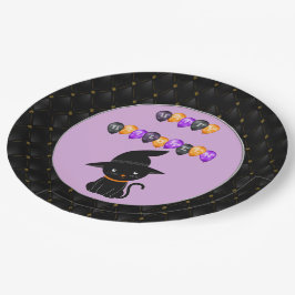 Plato De Papel Black Boarder Black Cat Happy Halloween Balloons