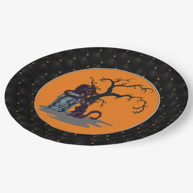Plato De Papel Black Boarder Black Cats Tombstone Tree Halloween (Angular)