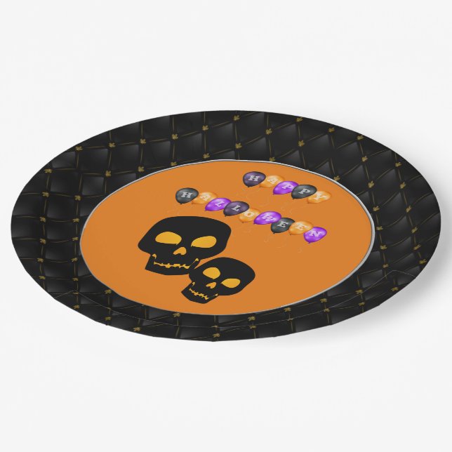 Plato De Papel Black Boarder Black Skull Happy Halloween Balloons (Angular)